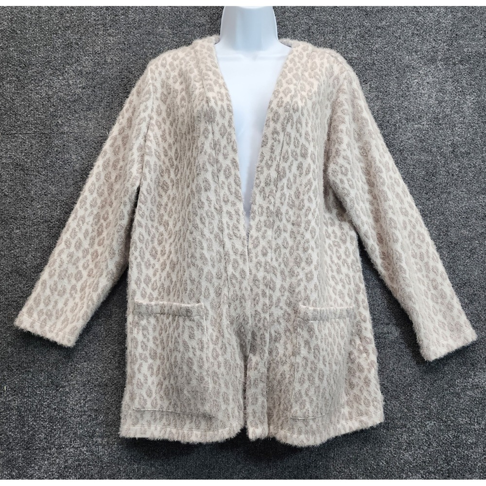 Chico's Women's Leopard Fuzzy Eyelash Knit Open-Front Cardigan Sweater Size L